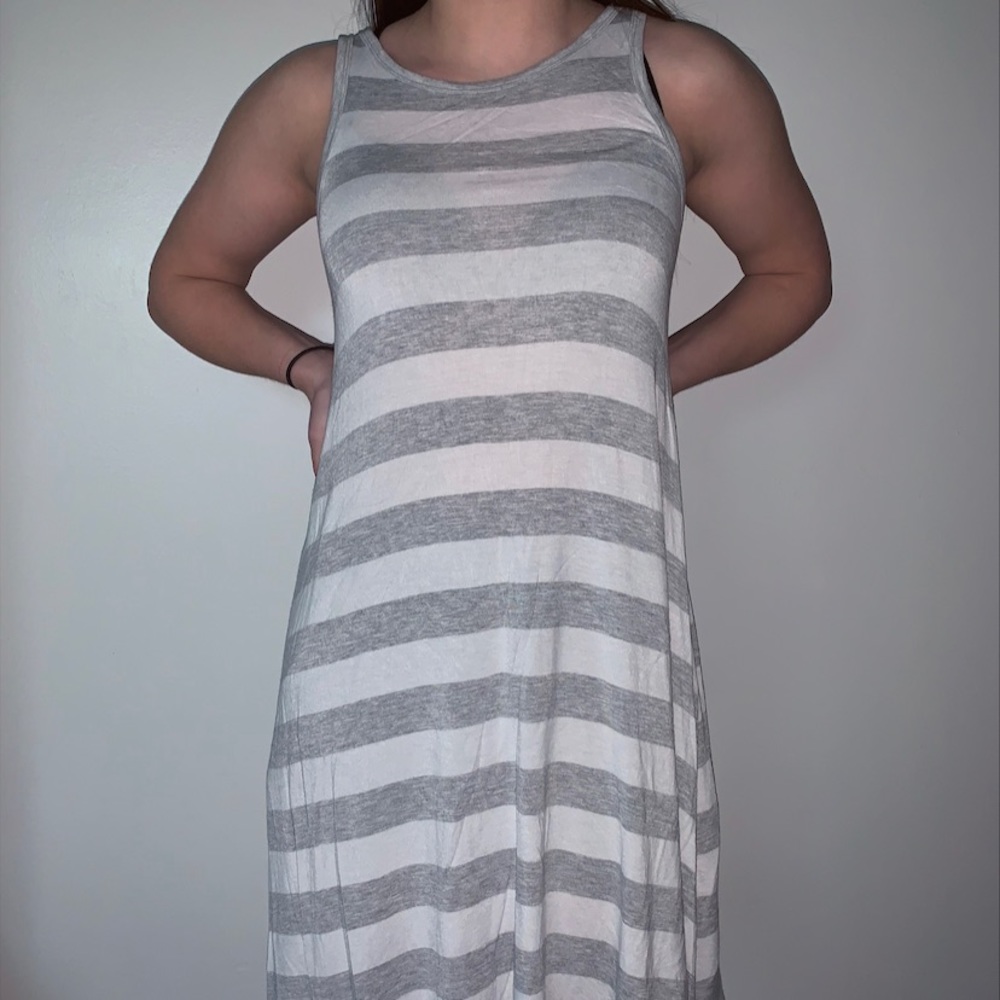 Old Navy Grey & White Striped Mid Length Dress